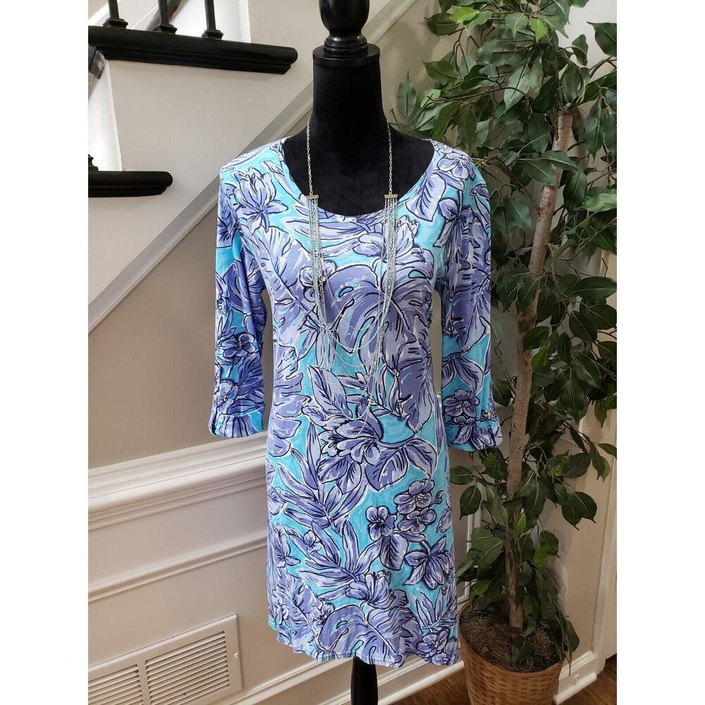 Caribbean Joe Womens Blue Cotton Round Neck Long Sleeve Knee Length Dress Medium